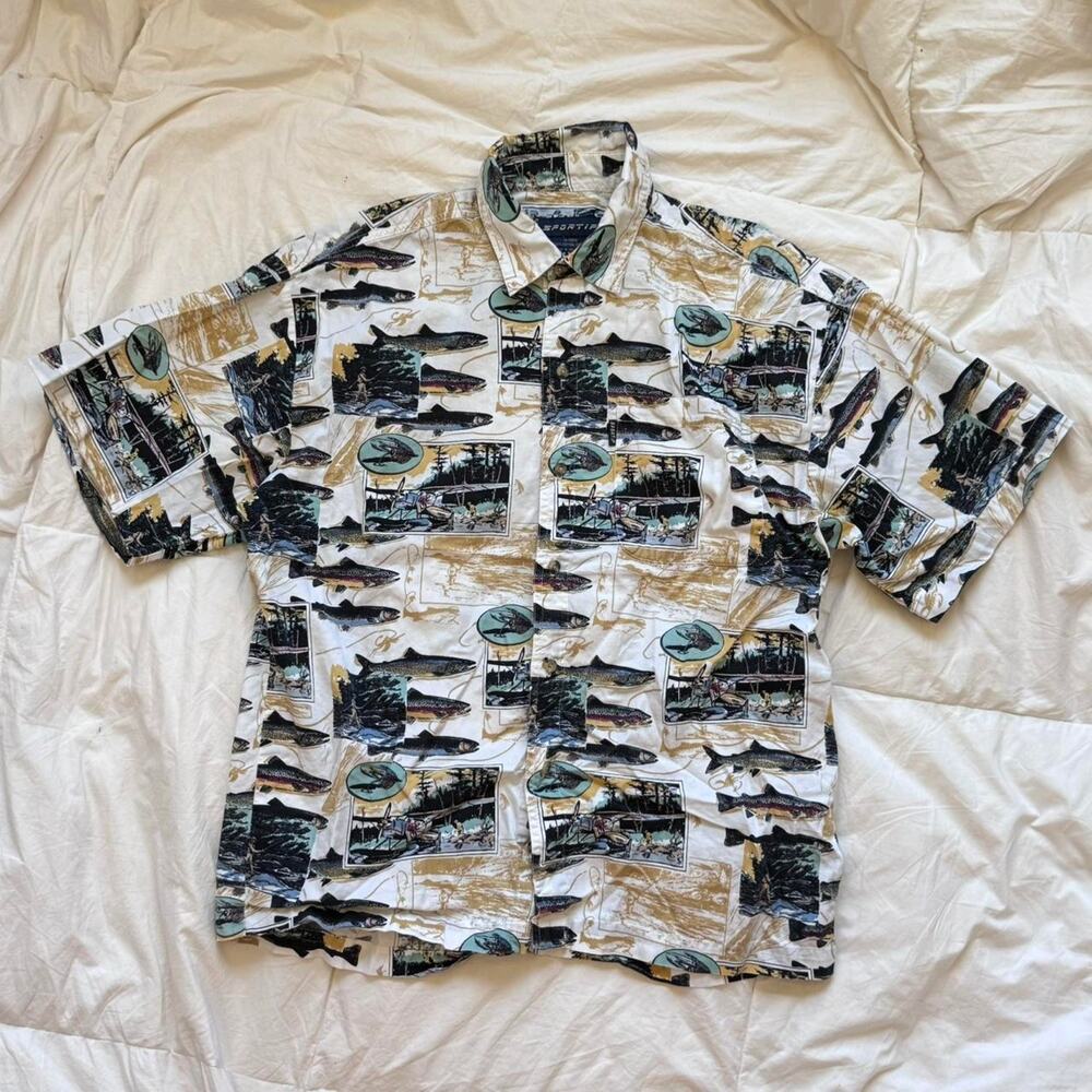 vintage 90s Fisherman print button up shirt sz med cotton airplane country‎